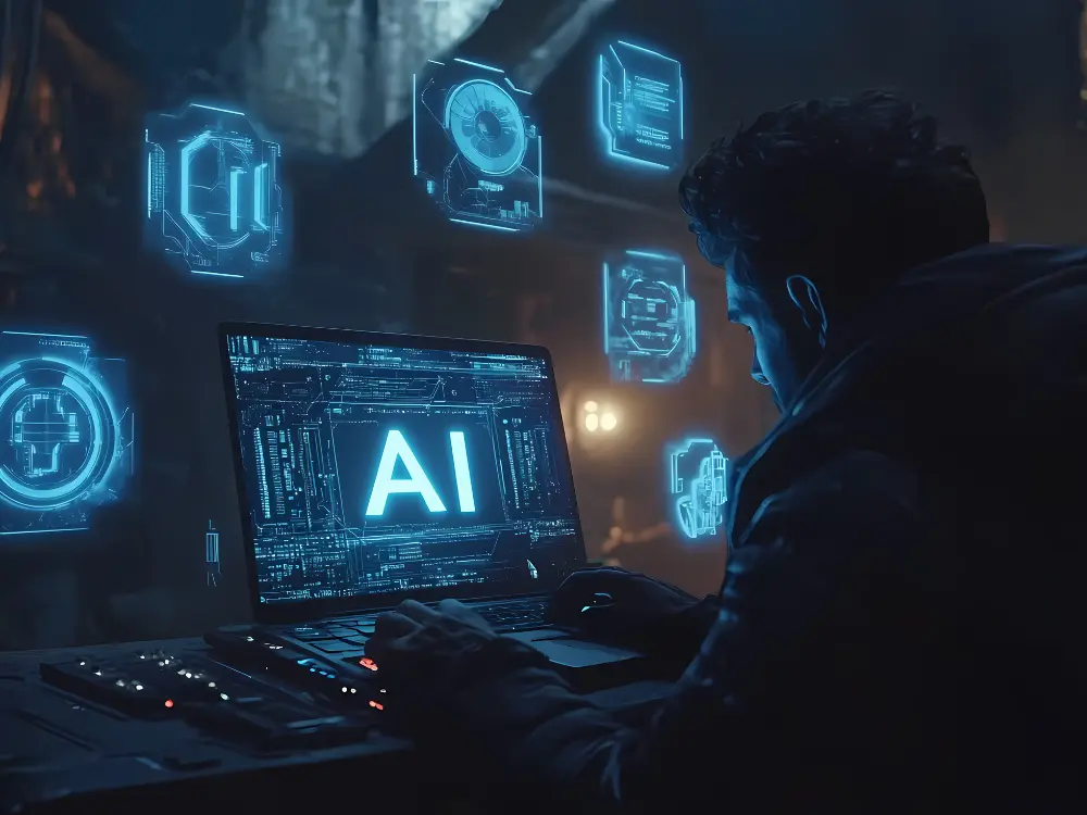 Persona mirando computadora mientras la IA explicativa trabaja