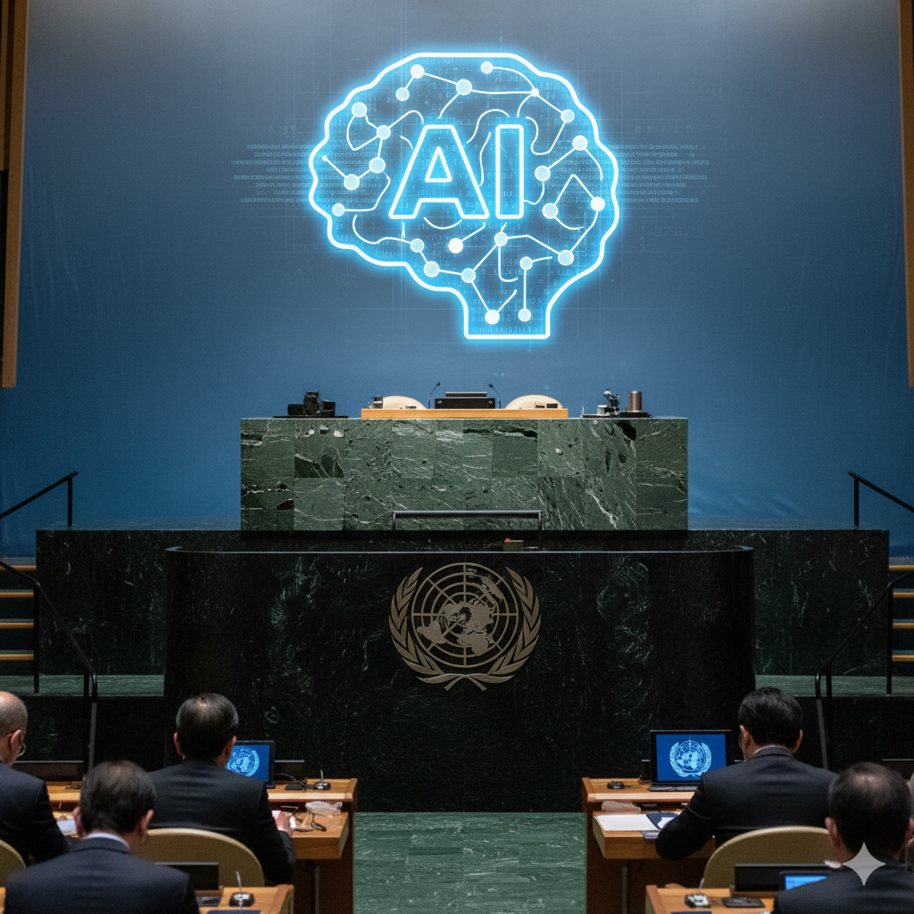 Asamblea de la ONU sobre gobernanza global de la inteligencia artificial con símbolo digital de IA en el estrado.