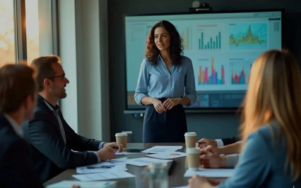 Equipo de trabajo colaborando en una sala de reuniones donde una mujer expone graficos obtenidos con IA